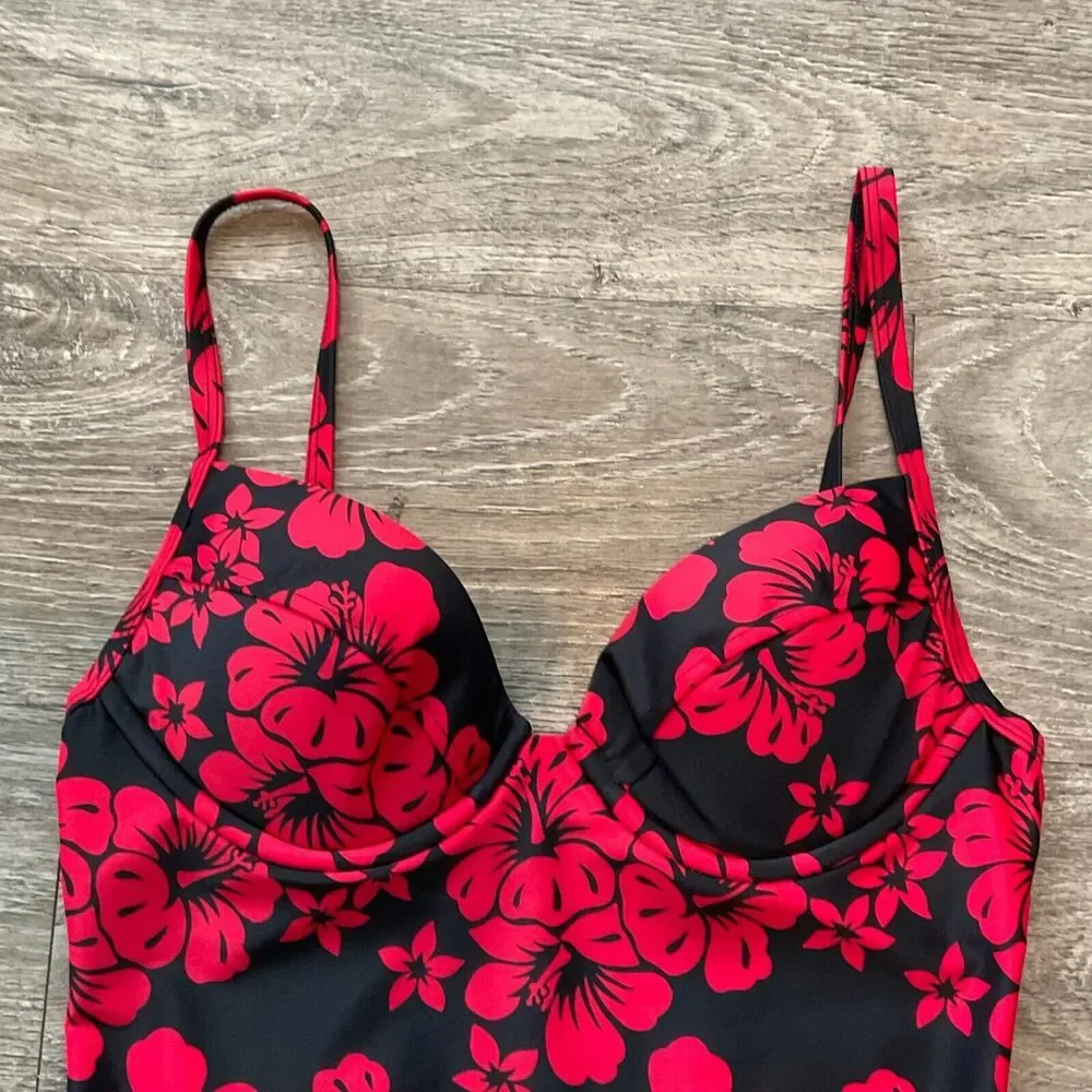 Victoria's Secret Floral One Piece Swimsuit Vintage Black Red Hibiscus Size 6B‎